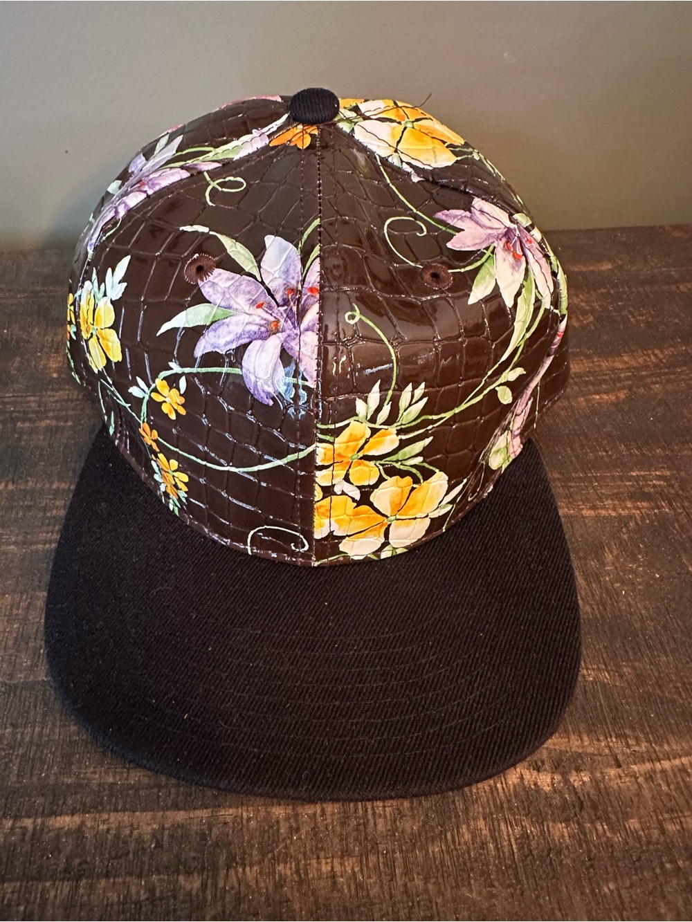 Crown Brown and Black Baseball Cap with Yellow & Purple Floral Print